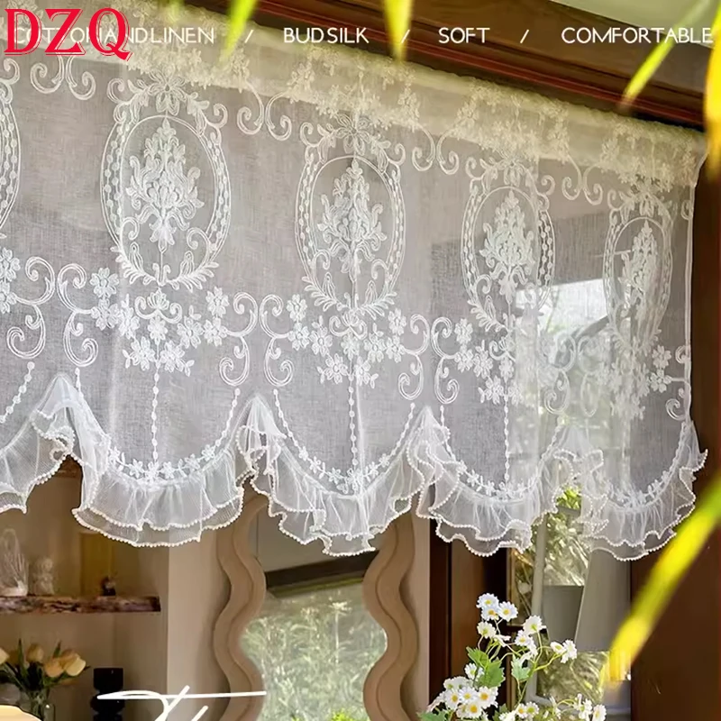 

French White Wave Embroidered Window Valance Living Room Elegant Lace Curtain Valance Ruffled Short Curtains Kitchen #A610