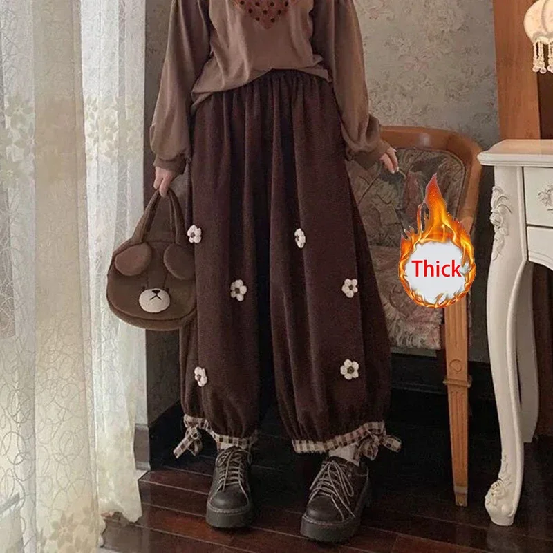 Vintage Thick Corduroy Pant Women Fall Winter Cute Plaid Patchwork Trousers Sweet Female Casual Flower Kawaii Solid New Bloomers
