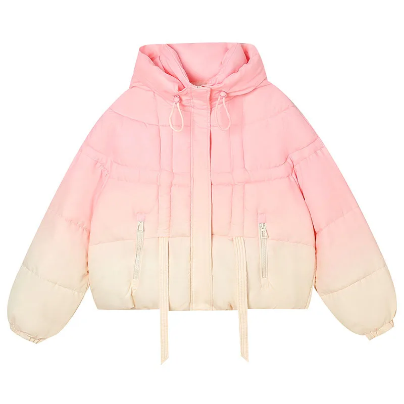 Abrigo 2025 nuevo invierno cálido con capucha mujer chaqueta acolchada de algodón Color degradado suelto grueso moda abajo Chaqueta de algodón para mujer H685