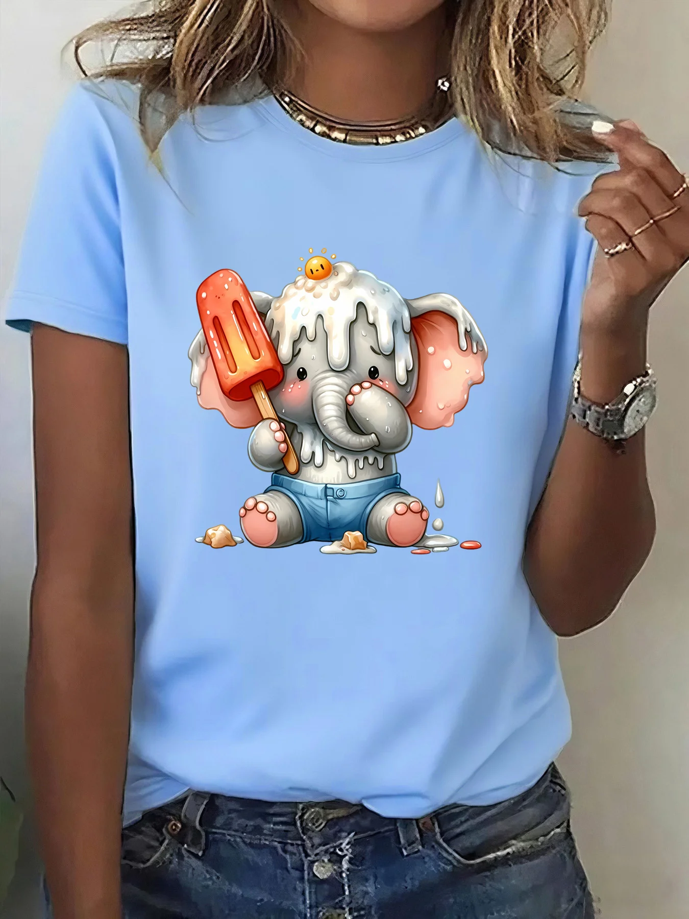 Ice Cream Elephant Element Versatile and Gentle Top Printed Fashionable Round Neck T-shirt Fashionable and Comfortable Top