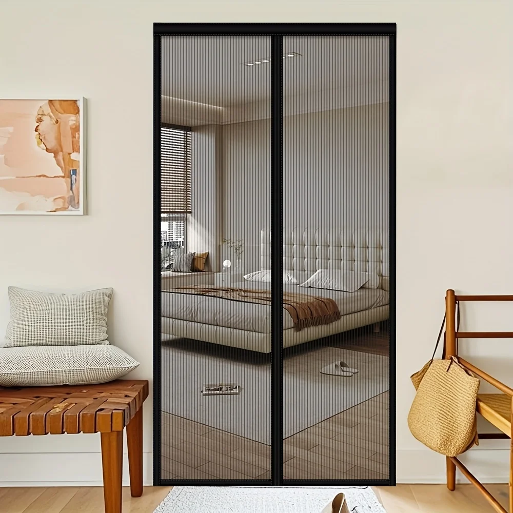 A Magnetic Mesh Curtain - Made of Black Fiberglass Fabric, Featuring Magnetic Closure, Magnetic Mosquito Net Curtain for Doors