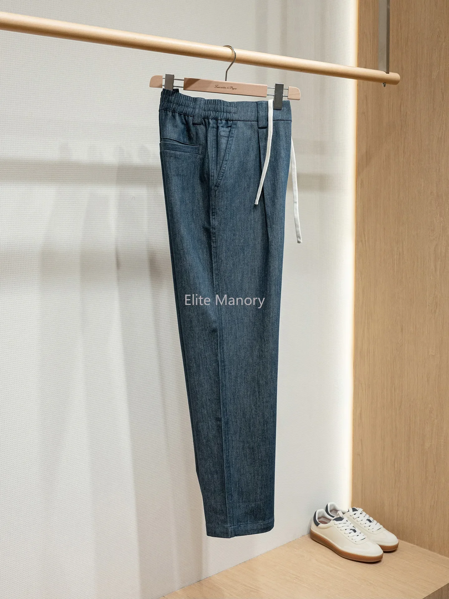 Custom-woven fabric vintage washed, men's elastic waist loose casual jeans