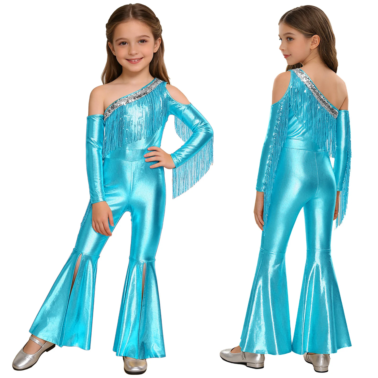 Kids Girls Metallic Shiny Jazz Dance Jumpsuit Off Shoulder Sequin Tassel Bell Bottom Rompers Birthday Pageant Disco Party Outfit
