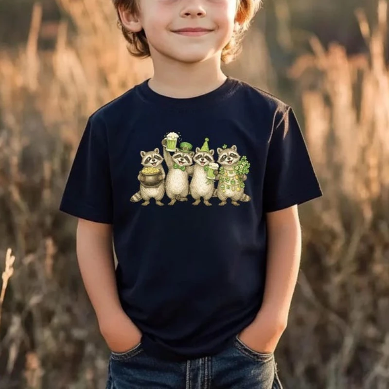 St Patrick’s Day Toddler Shirt Adorable Raccoon Kids T-Shirt Irish Party Outfit for Boys Girls Funny Animal for Kids Clothes