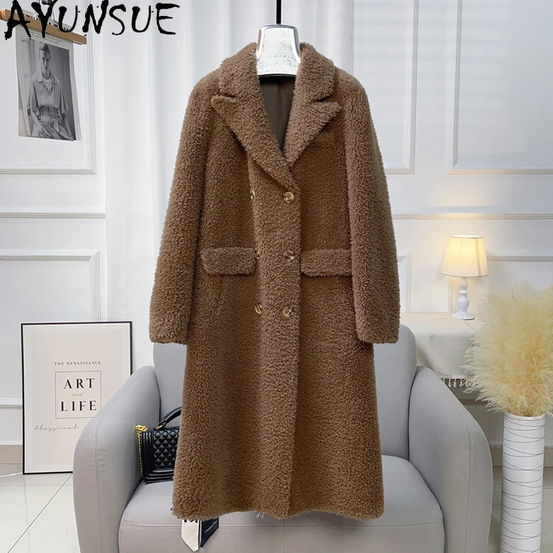 

AYUNSUE 100% Sheep Shearing Jacket for Women Winter Autumn Fashion Wool Coat Suit Collar Long Fur Coats Chamarras Para Mujeres