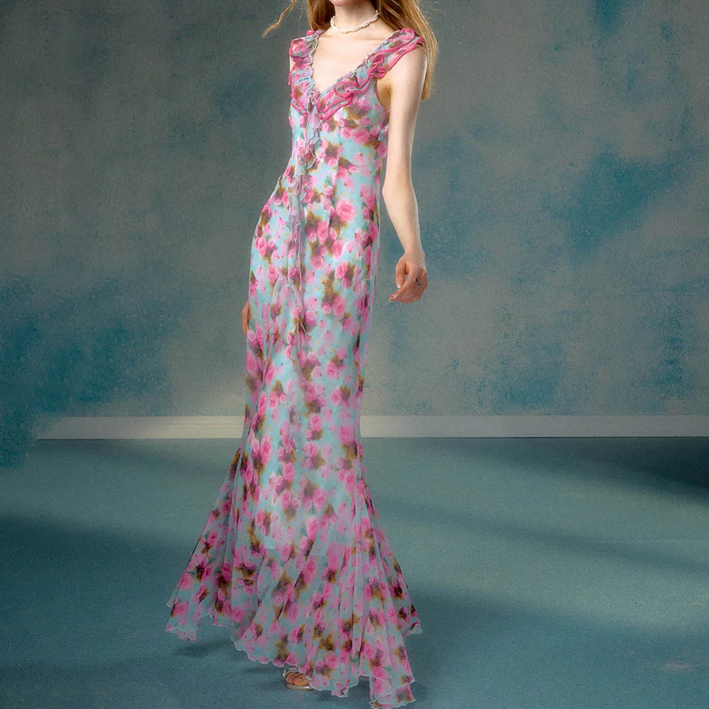 

Mint Rose Island Double Lace Two Wear V-Neck Floral Dress Vacation bodycon long dresses for women