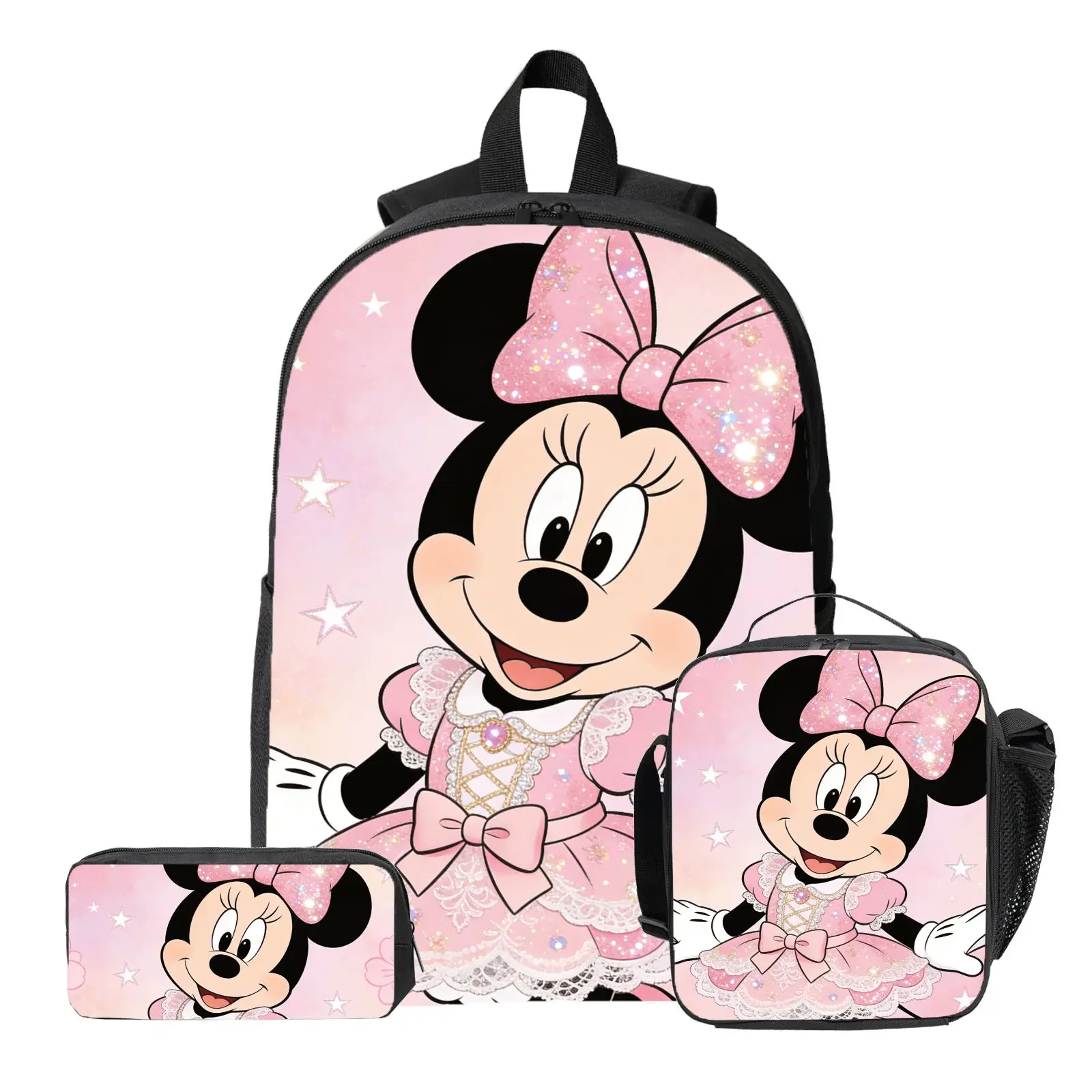 

3pc Minnie Mouse in light pink Theme Backpack, Pencil Case, Lunch Bag, High-Quality Cute Casual Shoulder Bag for Everyday Use