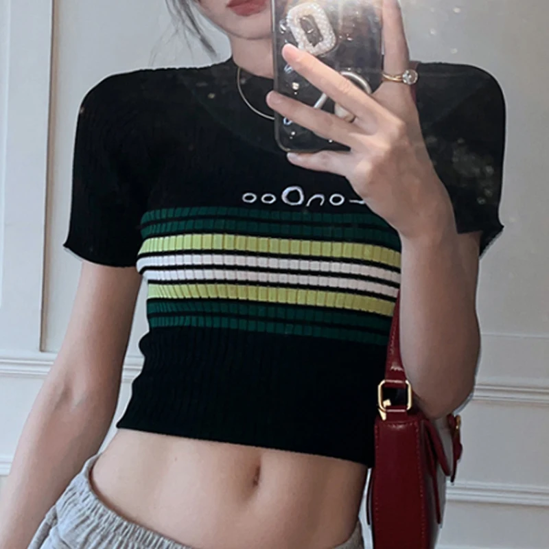 

Women Trendy Vintage Striped Casual Streetwear Y2K Club Crop Tops 2024 Summer Sexy O Neck Short Sleeve Slim Fit Knitted T-shirt