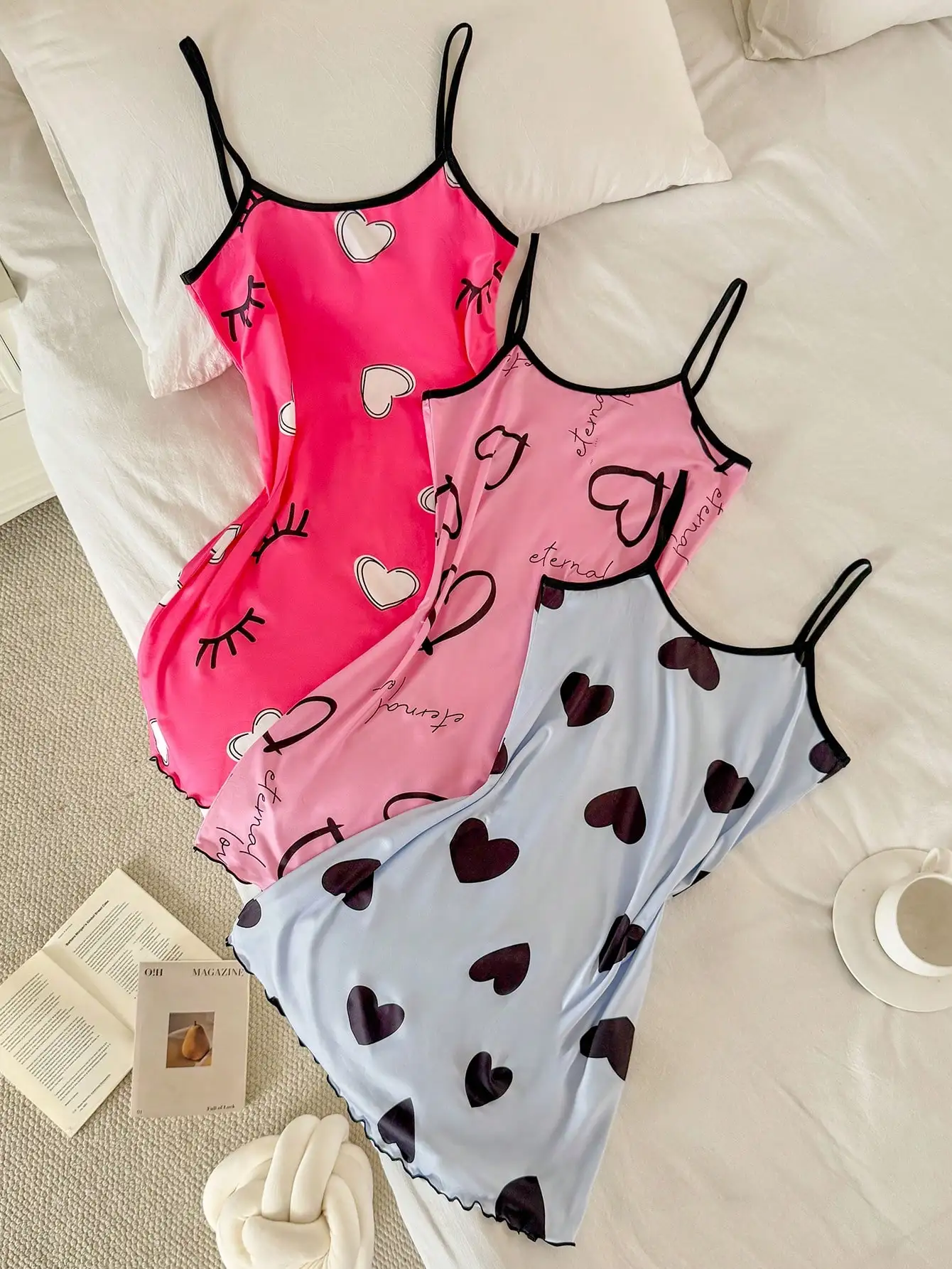 

3-Pack Heart Print Satin Camisole Nightgowns - Pink, Light Pink & Blue