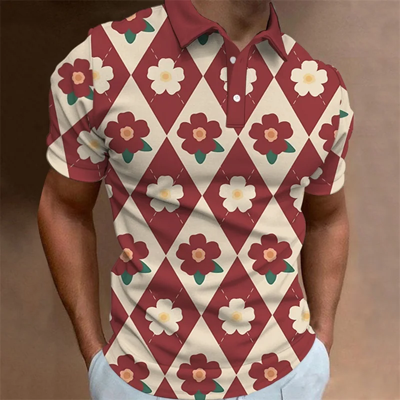 Men's Polo Shirt Summer Casual Short Sleeve Flower Print Buttons Polo Shirts Tops Fashion Pullover Tshirts Male Golf Wear