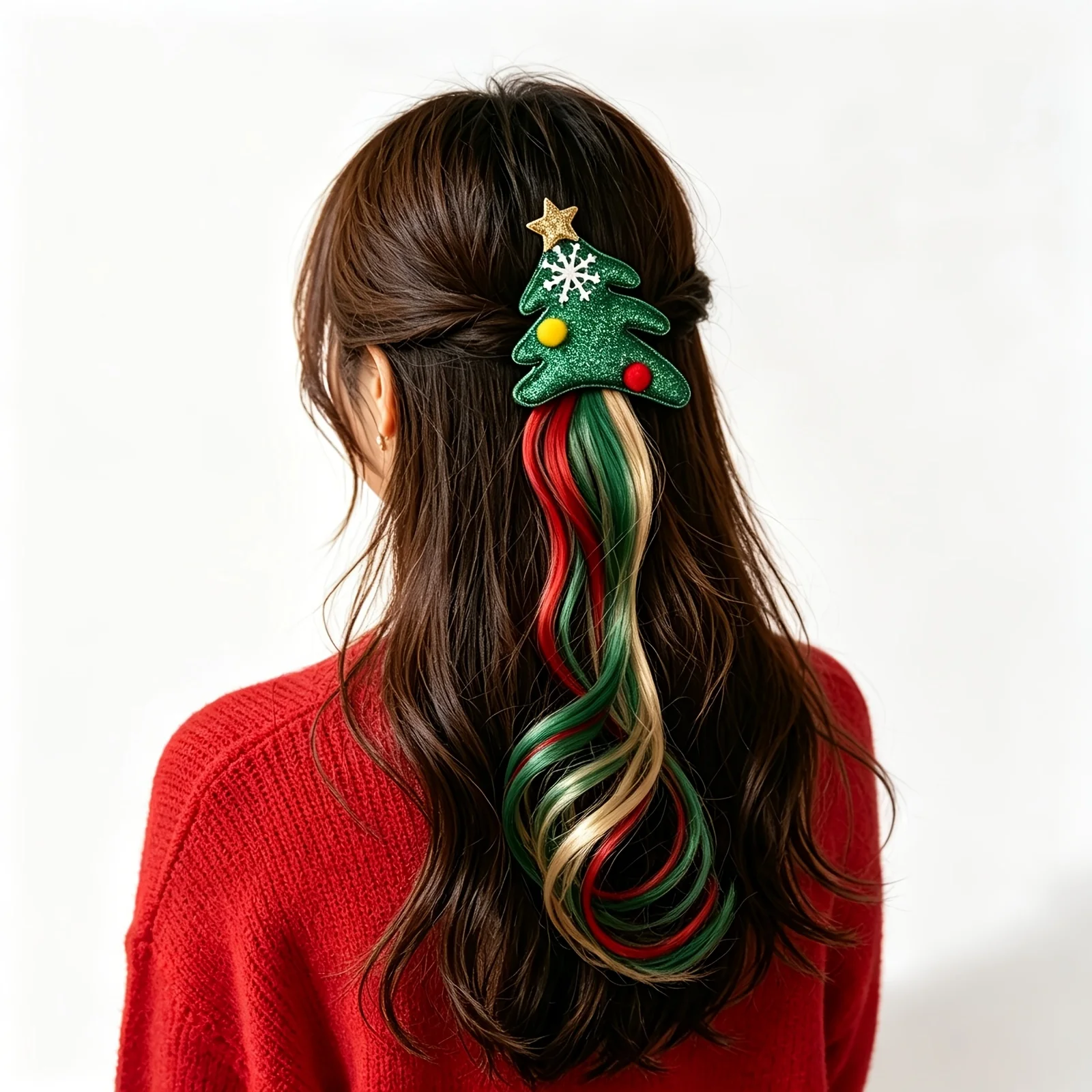 1pc Christmas Pine Tree Wig Headband, 35cm/13.8in Braided Hair Accessory with Bow Star Gold Thread, Festive Headband for Women