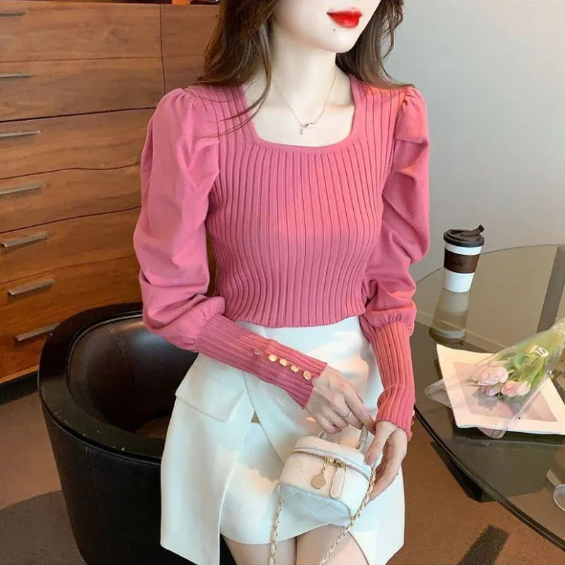 Autumn Winter New Women\'s Pullovers Commuter Square Collar Screw Thread Folds Puff Sleeve Elegant Slim Versatile Sweaters Tops