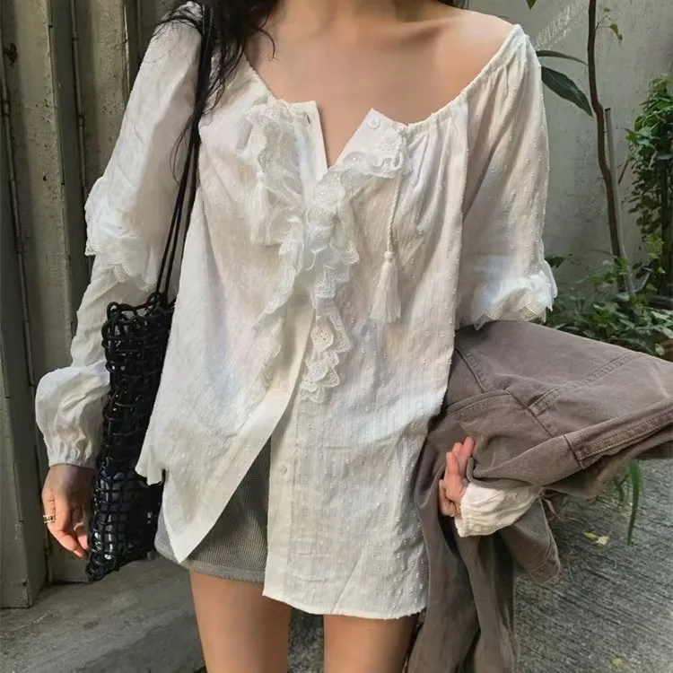 

Loose Long Sleeve V-Neck Women's Shirt Lace Trim Patchwork Single Button Spring Design Korean Style Breathable Cotton Casual ...
