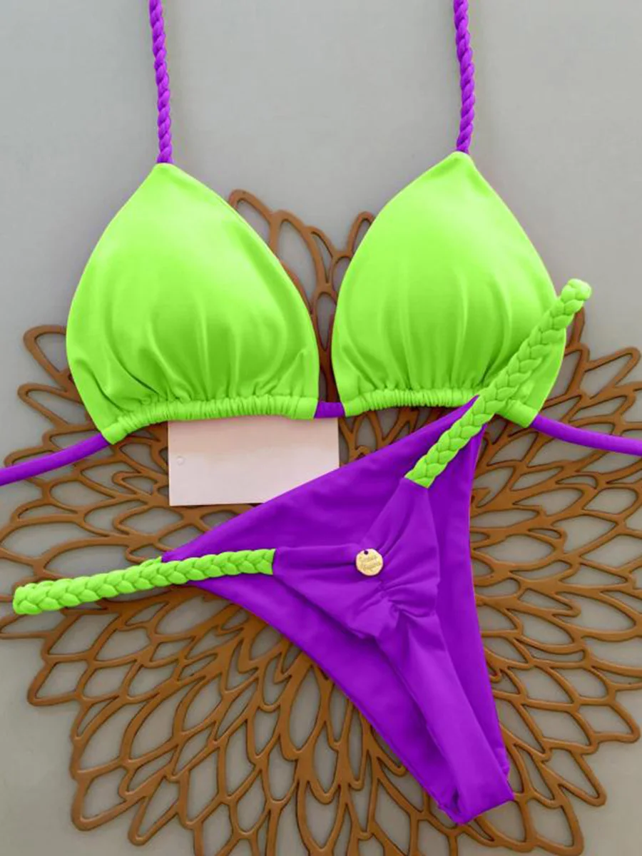 

Сексуальный женский купальник-бикини 2026: комплект микро-бикини с эффектом пуш-ап, бандо, однотонный, бразильский стиль, для пляжа