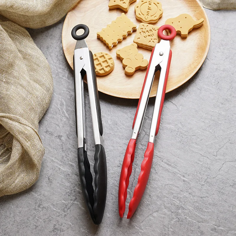 9-inch Stainless Steel Food Pliers Silicone Anti Slip Cooking Clip Barbecue Salad Tool Kitchen Anti Scald Bread Clip Tool