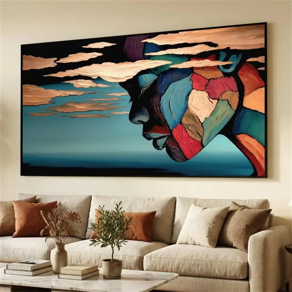 Large Frameless Canvas Wall Art,Abstract African Woman Canvas Wall Art Colorful Cubist Portrait Canvas Painting Modern Ethnic Fi