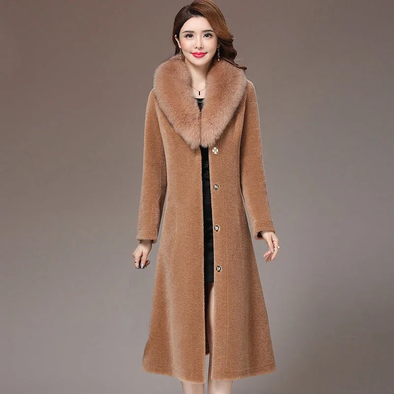 2024 Winter Fall New Womens Big Fur Collar Beige Black Wine Red Camel Lamb Fur Long Coat , Autumn Warm 4xl Overcoat for Women