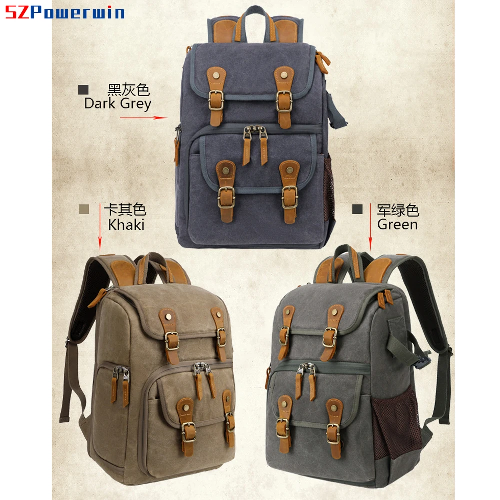 Powerwin New Waterproof Camera Backpack DSLR SLR Batik Canvas Horse Leather Outdoor Photographic Bag for Lens Tripod Charger