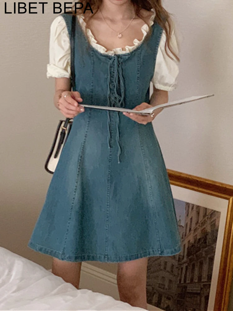 

DR10069 2023 New Fake Two Pieces Elegant Lady Denim Sweet High Waist Korean Fashion Vintage Women Spring Summer Mini Dresses