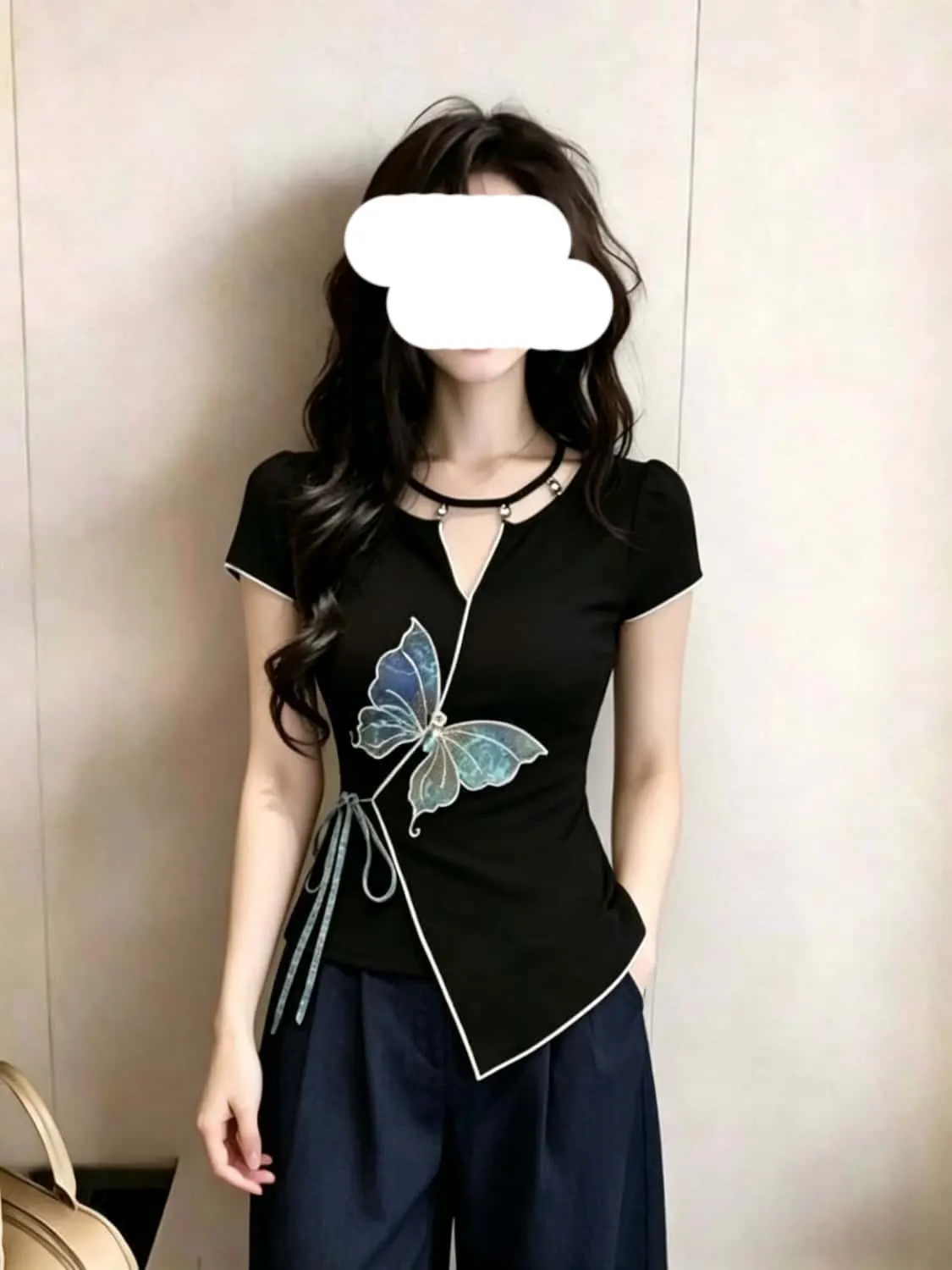 

Fashionable Knot Short Sleeve Top Belly Covering Slimming Unique Personality Commuting Top Polyester Fiber round Neck