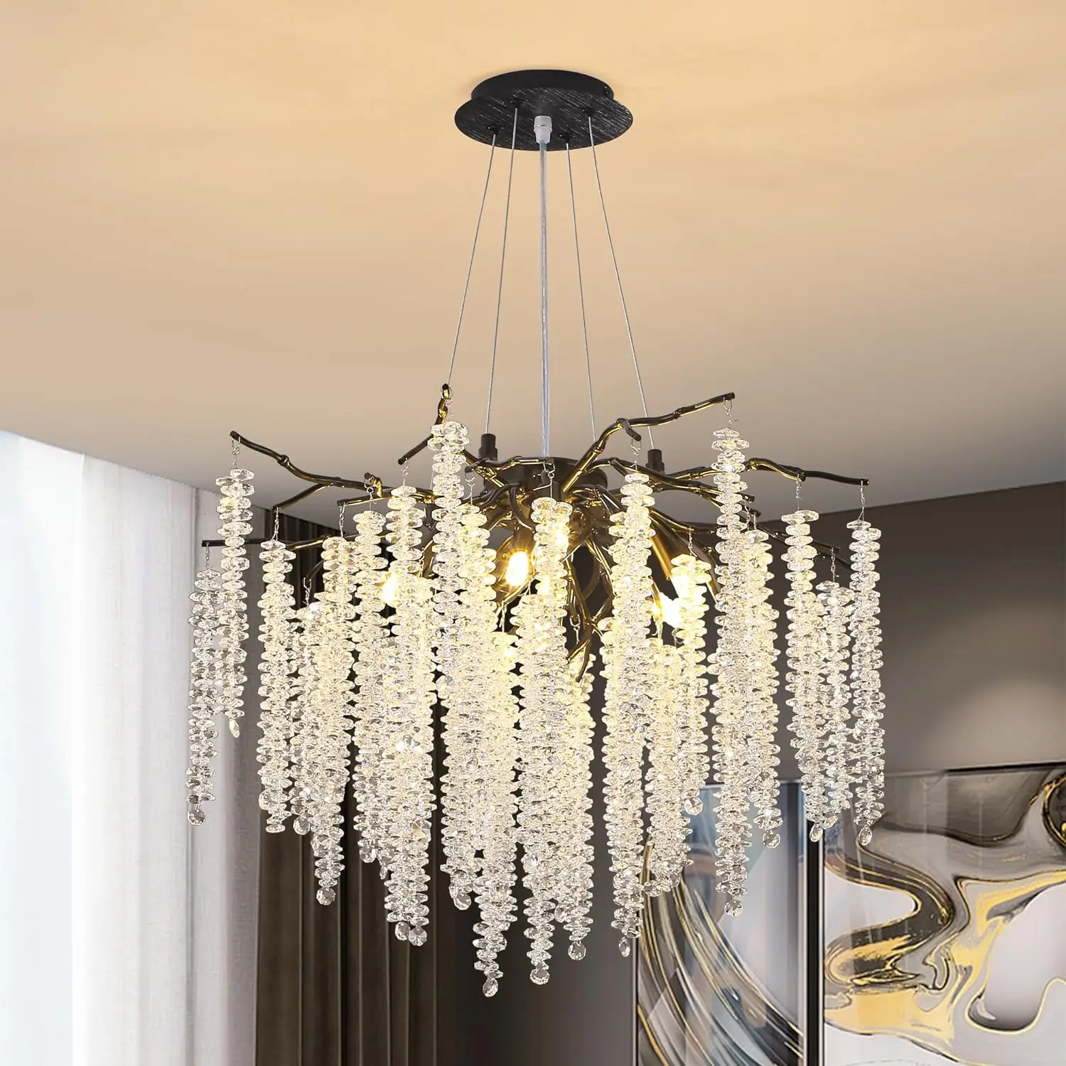 

Black Round Crystal Chandelier Tree Branch Chandelier Fixture for Dining Room Raindrop Pendant Lights Led Crystal Kitchen Island