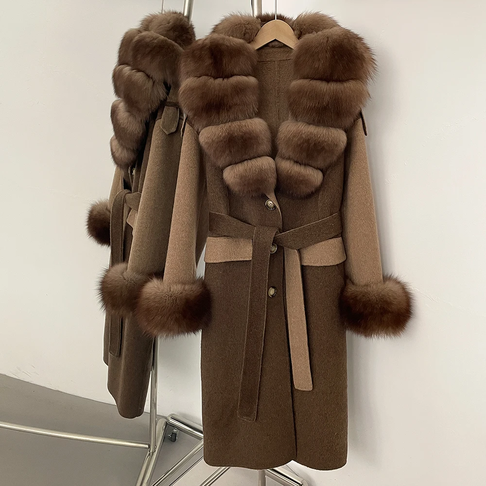 

CXFS Большое женское шерстяное пальто с капюшоном из натурального лисьего меха 2025 с длинным поясом на шнуровке, осенне-зимняя шерстяная кашемировая куртка, уличная одежда