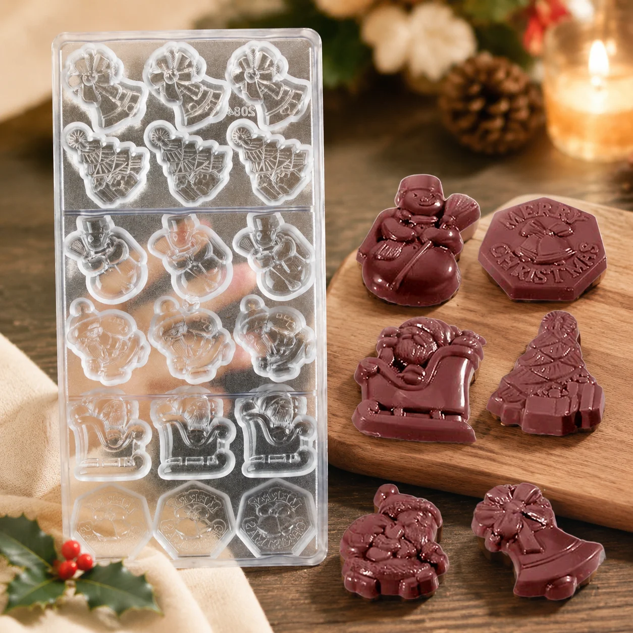 Christmas Chocolate Mold Polycarbonate Food‑Grade Santa Sleigh Snowman Bell Xmas Tree Homemade Candy Confectionery Baking Mould