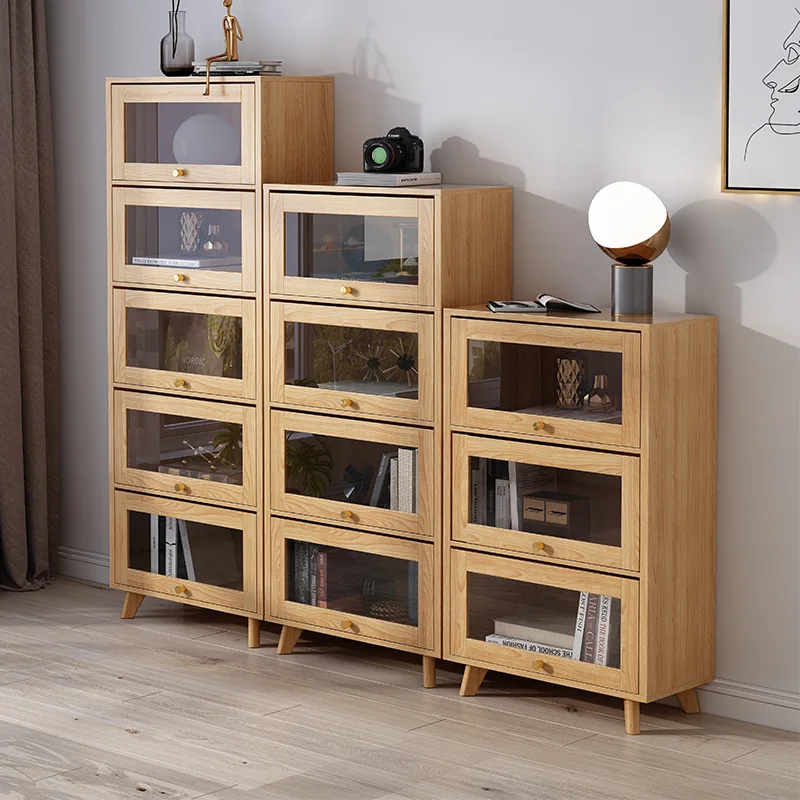 Walnut sliding door bookcase household simple bedroom living room multi-layer