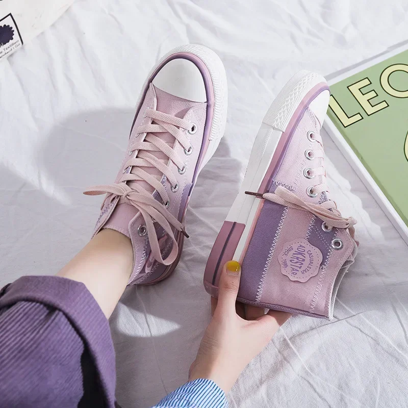 

2024 New Autumn High Top Canvas Women Kawaii Shoes Korean Women's Sports Lace-up Shoe Flats Ladies Casual Sneakers Footwear