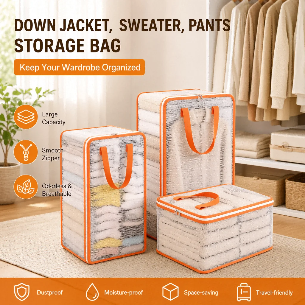 Clear Mesh Storage Organizer Bag for Blanket Quilt Clothes Foldable Breathable Bin with Handle Bedroom Wardrobe Moving Container