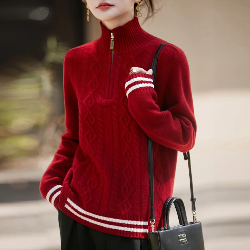 

Women's Wool Sweater Autumn Winter Half-zipper Mock-neck Pullover Long Sleeve 100% Merino Wool Knitwear Thickening Wool Knit Top