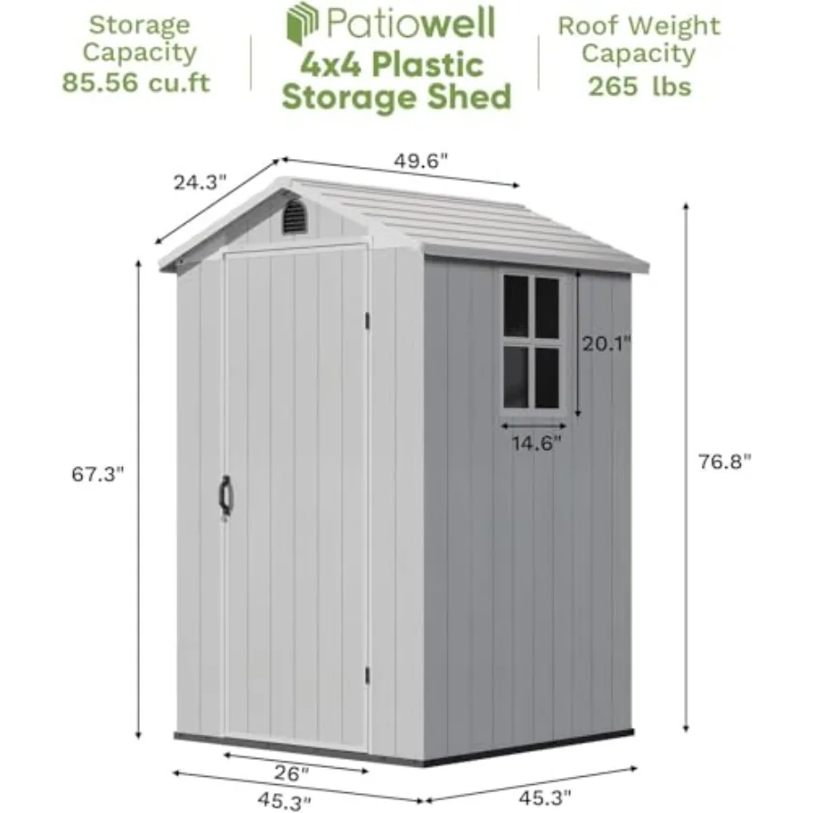 Outdoor storage shed for garden use, resin material, gray color, includes floor and weather-resistant design