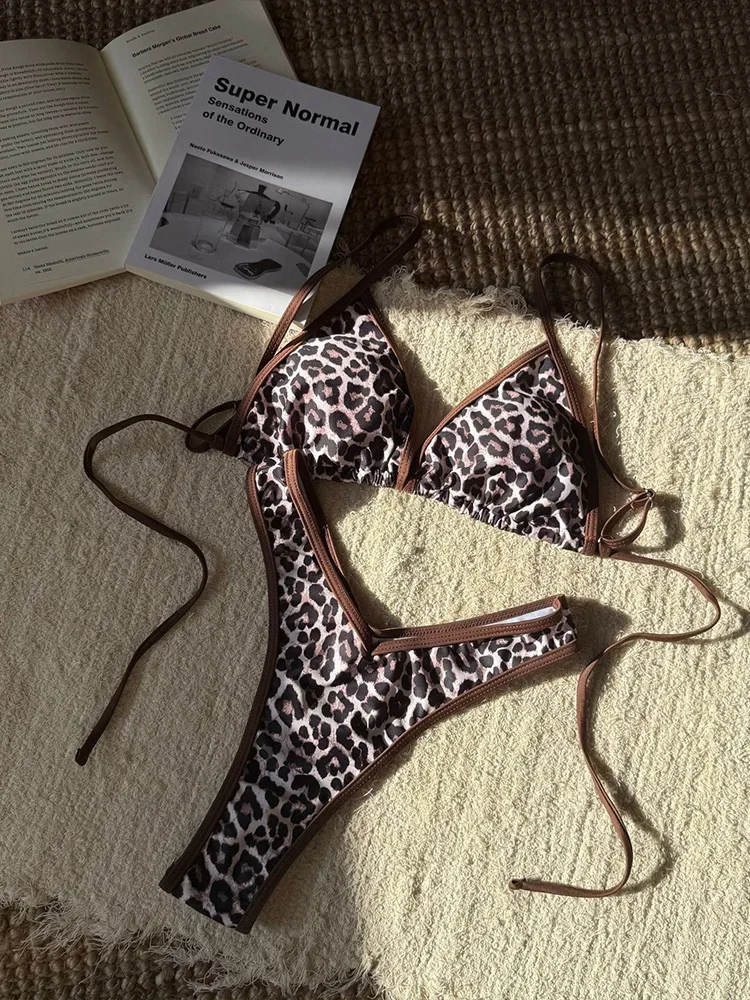 AOTVOTEE сексуальное бикини с леопардовым принтом, комплект из 2 предметов, женский купальник со шнуровкой и разрезом, пляжное бикини, новинка 2025 года, летний купальник, комплект бикини