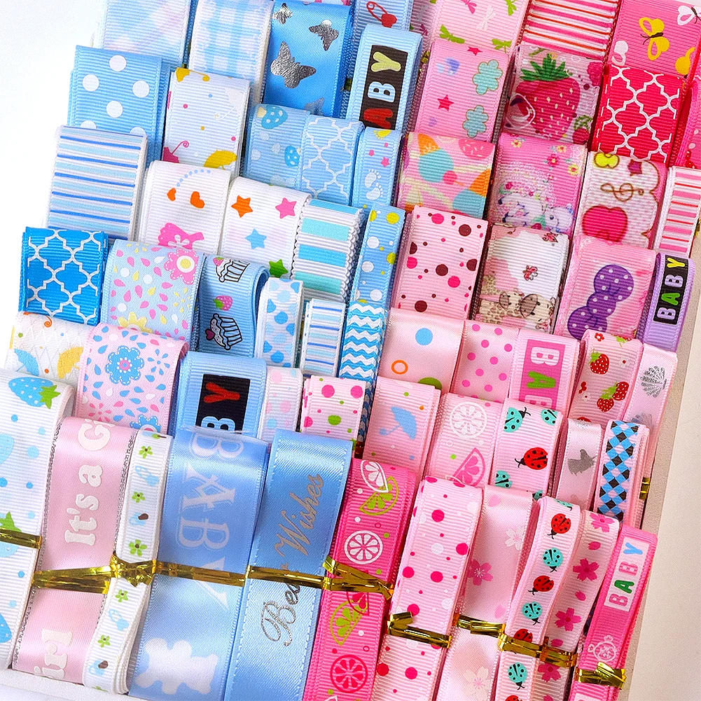 Blue Pink Series 12yards Random Pattern Random Size Material Ribbon for Gift Box Packaging DIY Girl Hair Bows