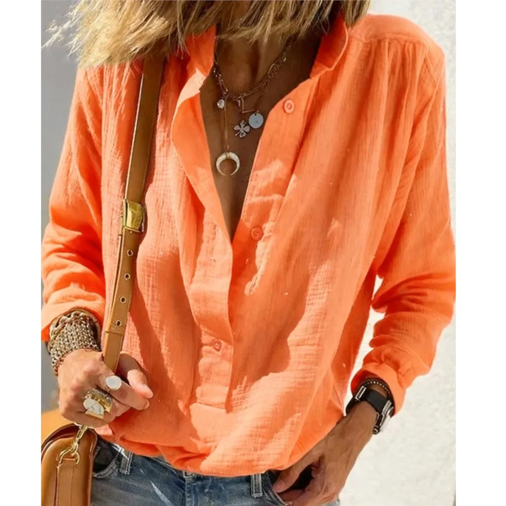 

Retro Button Pullover Shirt Spring New Women's Casual Loose Fashion Long-sleeved Cotton Linen Solid Color Top Blusas De Mujer