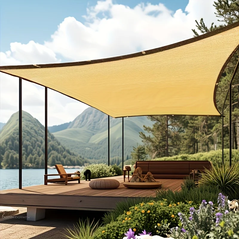 شبكة تظليل سميكة من البولي إيثيلين، شراع من الأشعة فوق البنفسجية باللون البيج لحديقة ساحة الفناء، مظلة شمسية متينة من البولي إيثيلين، حماية من أشعة الشمس في الهواء الطلق