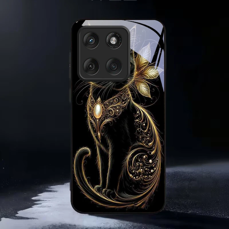 Mystic Golden Pearl Cat Black Glass Phone Case For Motorola Moto Edge 60 70 20 Lite 30 Pro 40 50 Ultra X30 Pro G14 G75 G84 Cover