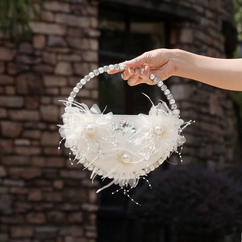 Shining Fairy Narcissus Flowers Rhinestones Pearl Shells Half Moon Banquet Feather Dumplings Clutch Messenger Bag