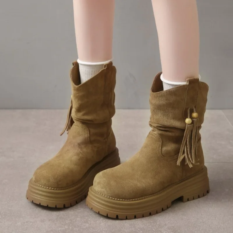 

Fashion Women Ankle Chelsea Boots Flats Platform Suede Heeled Shoes New Trend 2025 Winter Goth Casual Woman Short Botas Mujer