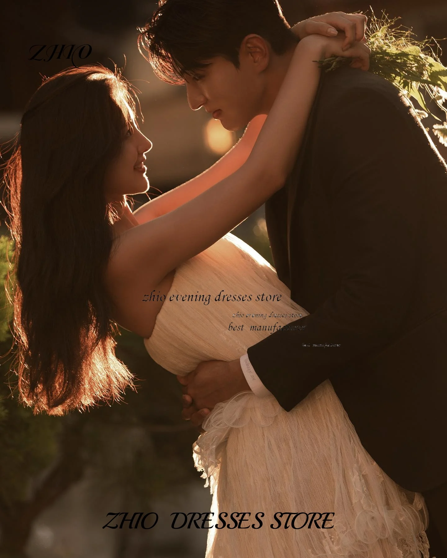 ZHIO Splendidi spalline in morbido tulle multistrato Matrimonio coreano Corsetto personalizzato Lunghezza pavimento Foto di matrimonio Abiti da sposa