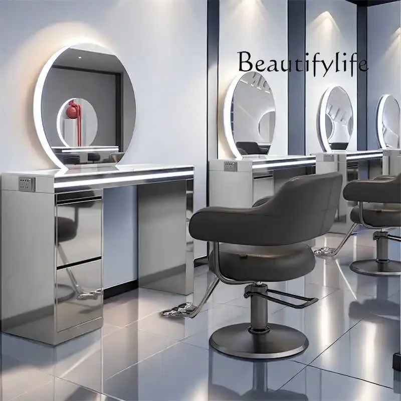 BJ Hair salon special mirror table Barber shop desktop double-sided mirror Stainless steel beauty salon mirror table