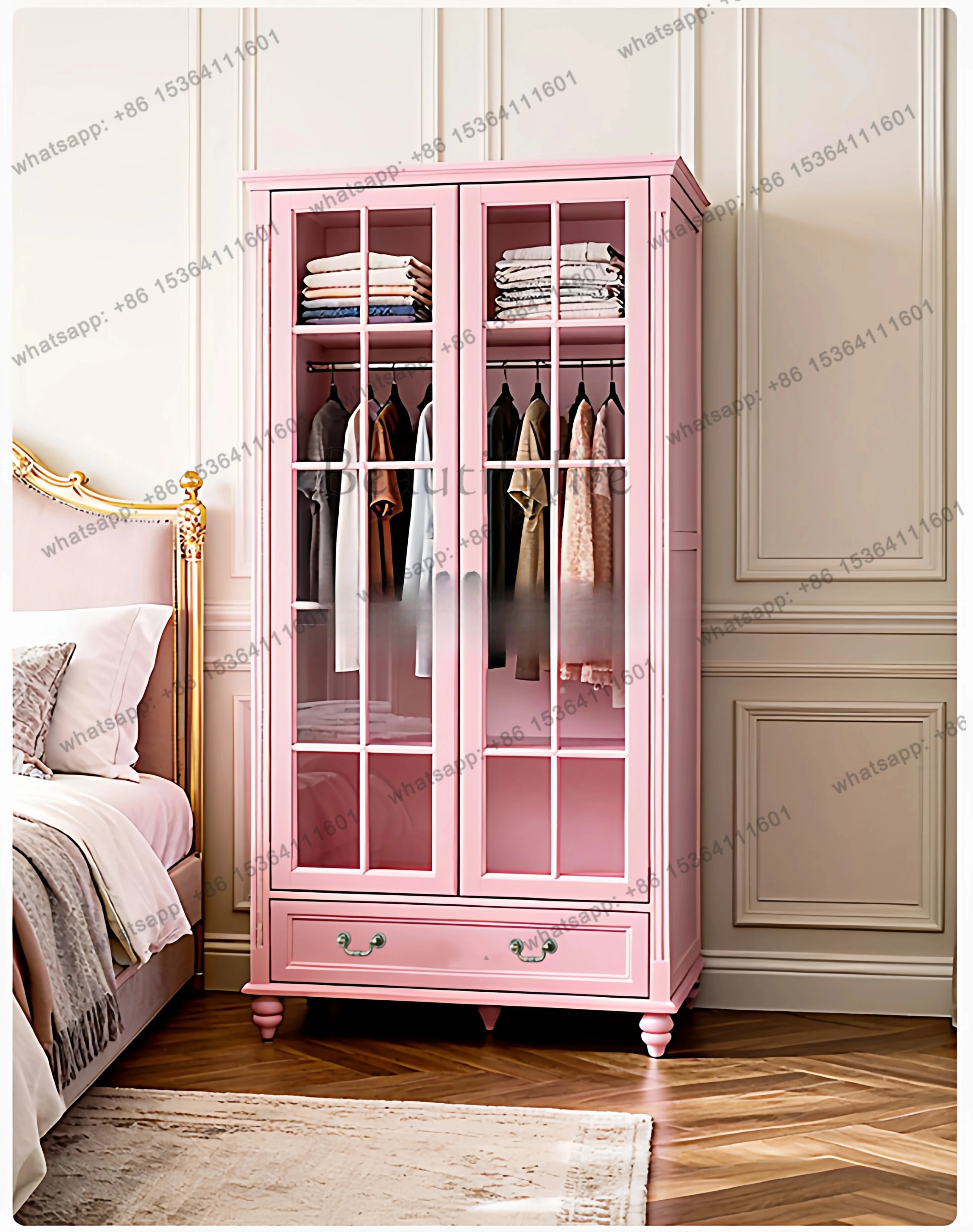 

all solid wood 2-door wardrobe household small apartment independent wardrobe pink bedroom double bedroom storage cabinet