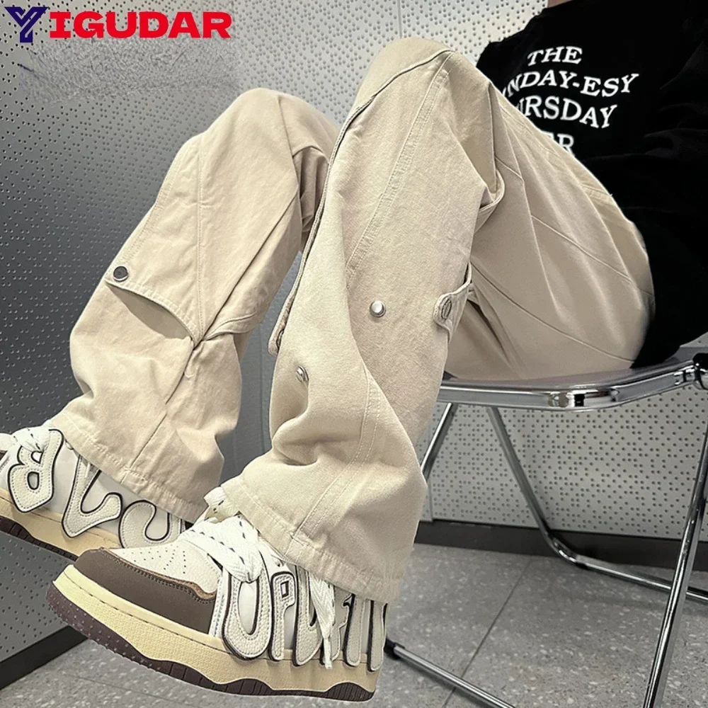 

2025 American street fashion pocket overalls men trousers loose casual straight wide leg trousers mens clothing Y2K pants men