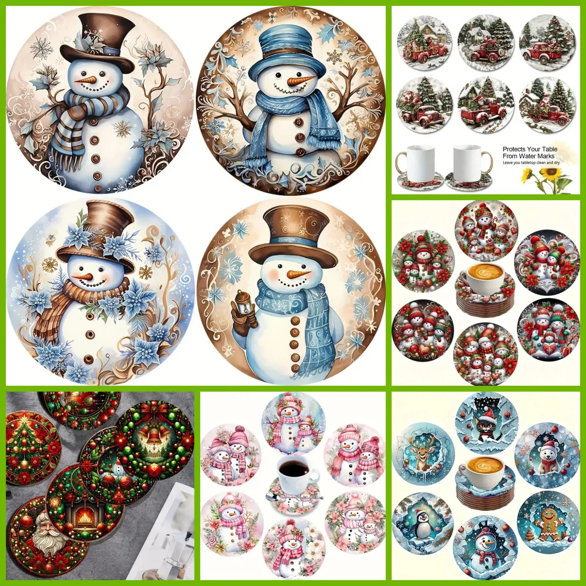 4/6 round Coaster Santa Claus Snowman theme group Wooden material tavern, coffee shop, Desktop non-slip, Christmas gift