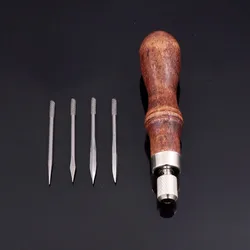 4 in 1 DIY Wood Handle Leather Stitching Awl for Leather Sewing Scratch Awl Tools Canvas Leathercraft Sewing Needle Kit