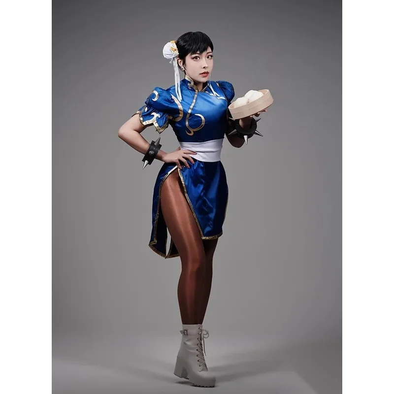 格闘ゲーム SF 春麗コスプレ衣装セクシーなバトルスーツアニメ女性チャイナドレスチョッキかぶとかつらブレスレットセット