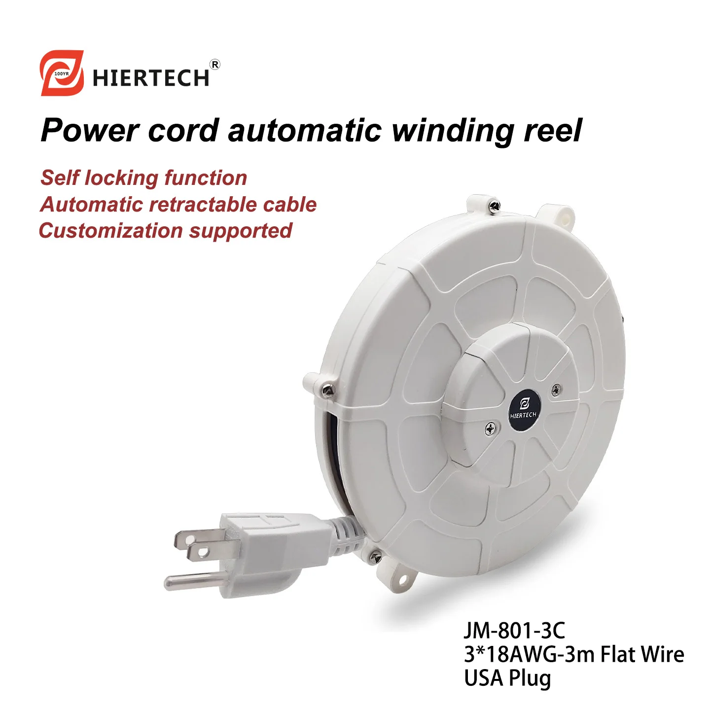 

Кабель питания HIERTECH белого цвета из чистой меди, 3 метра, с американской вилкой, функцией самоблокировки и автоматической намоткой на катушке.
