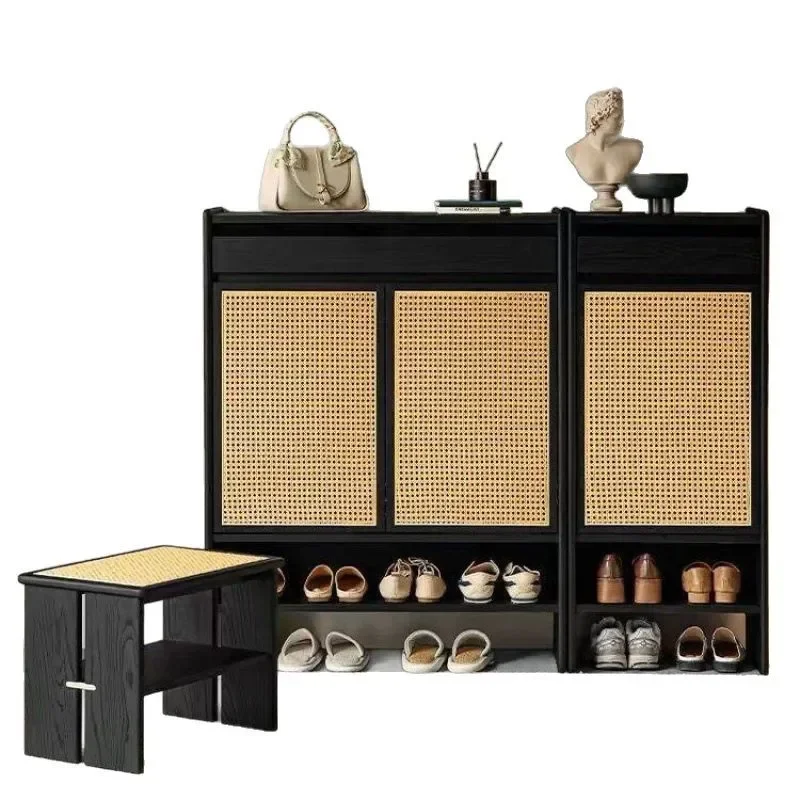 Rattan shoe cabinet Solid wood entry shoe changing cabinet Household shoe cabinet Black multi-functional locker against the