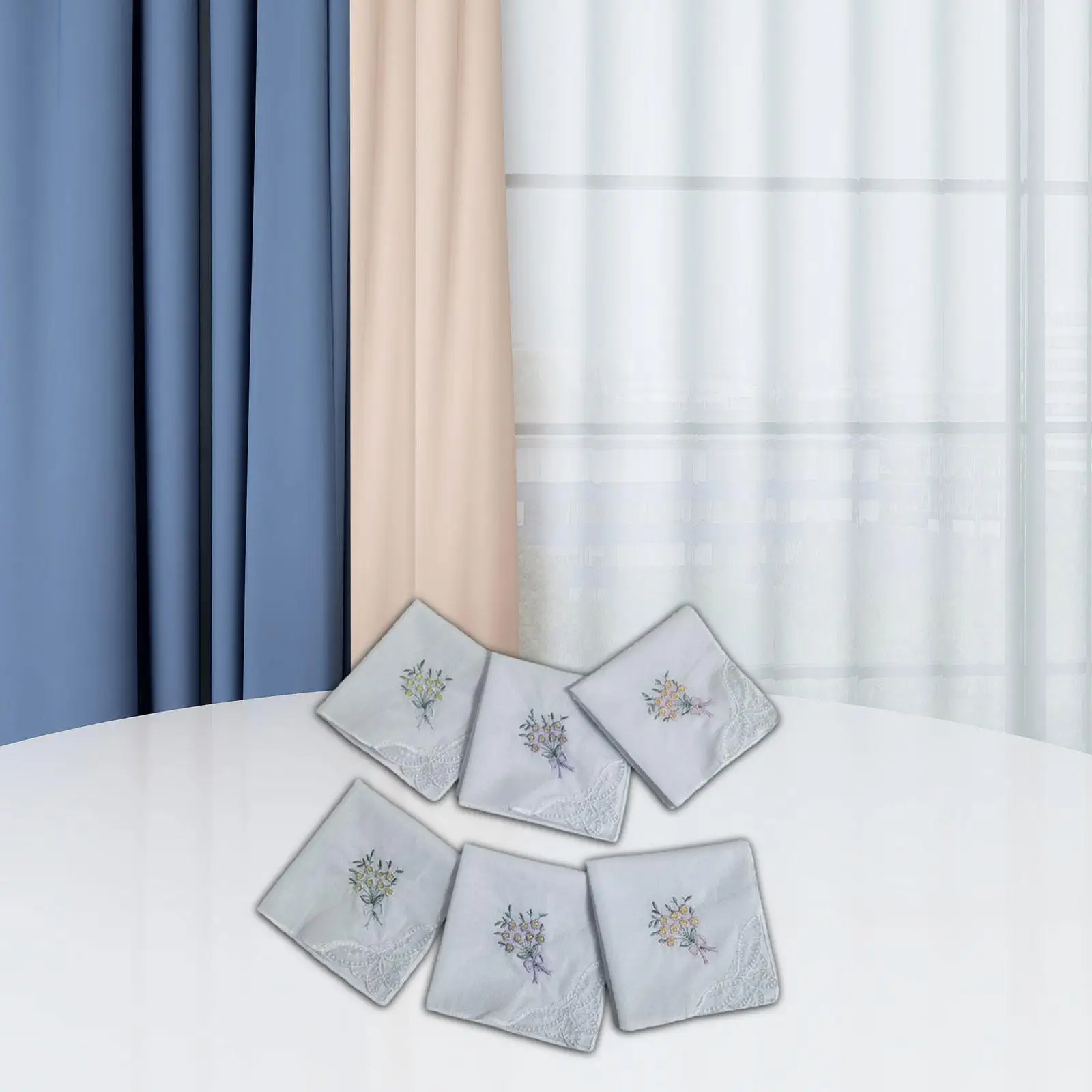 6Pcs Embroidered Cotton Handkerchiefs Soft Flower Hankies for Wedding Party