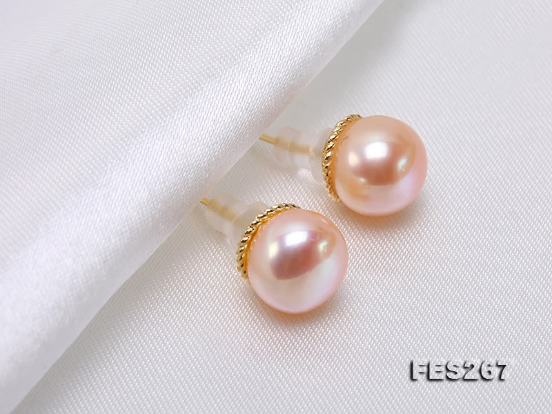 Unique Pearl Jewelry 9.5mm Pink Flatly Round Freshwater Pearl Stud Earrings